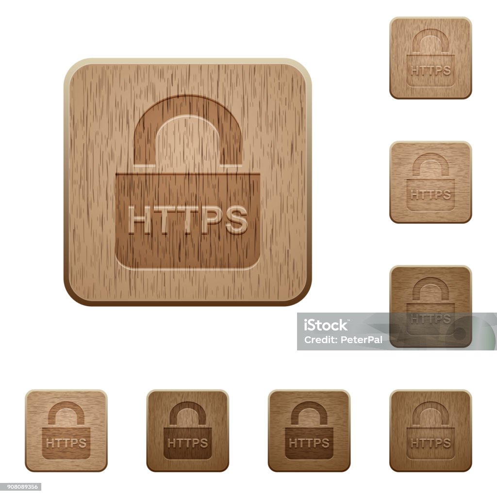 Secure https protocol wooden buttons Secure https protocol on rounded square carved wooden button styles Building Entrance stock vector