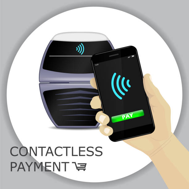 istock Hand holding smartphone to pay for products by mobile payments. Payment terminal approves. Vector 908102938