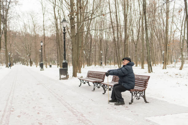 istock Man - elderly pensioner, sits on a park bench in the winter. High trees, a lantern. 908103564