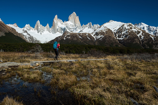 Hiking Adventure in the mountains with Mount Fitz Roy in the background