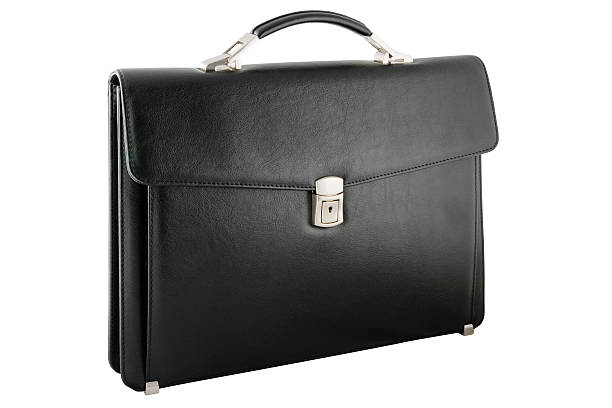 Front view of black leather briefcase stock photo