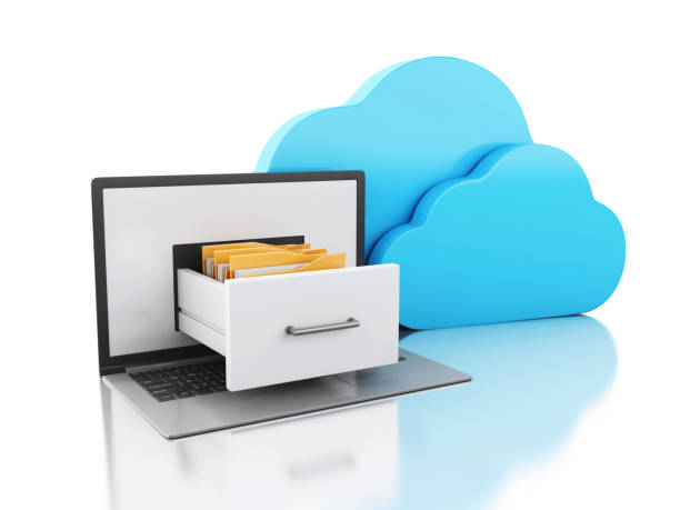 istock 3d Laptop with folders and cloud. Online storage concept. 908130262