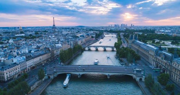 Seine river Paris sunset aerial