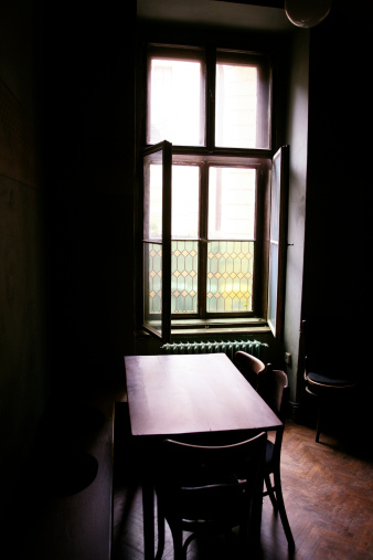 View from table to outside in our most fave coffee shop in prague: cafe kafka..
