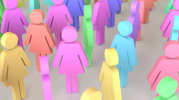 istock Variously Colored Woman Symbols in a Tight Even Grid on a Simple Concrete Surface 908150908