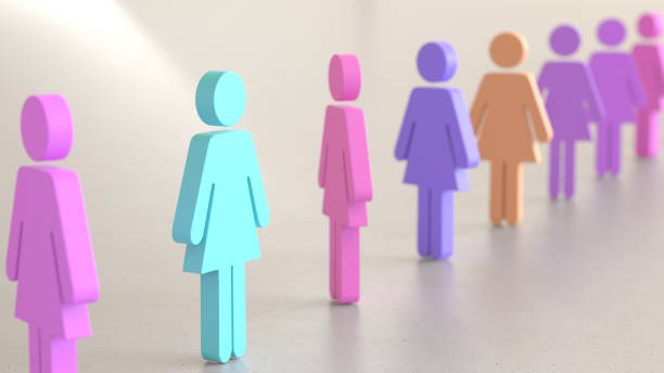 istock Line of Vibrantly Colored Woman Symbols on Simple Light Grey Surface 908150996