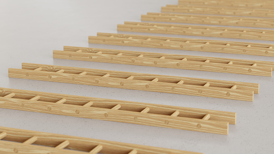 Ladder Array Linear Array Of Wooden Ladders On A Light Gray Surface Stock Photo ...