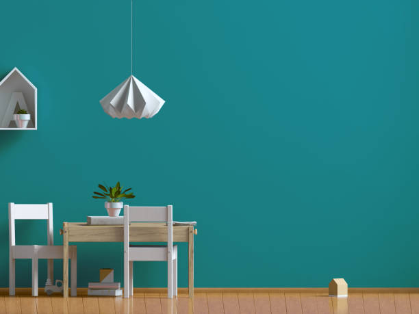 istock Pastel child's room. playroom. modern style. 3d illustration. Wall mock up 908151680