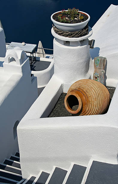 santorini - greek islands table window sun fotografías e imágenes de stock