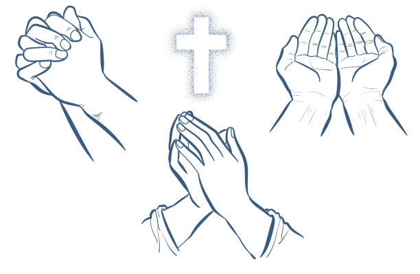 illustrazioni stock, clip art, cartoni animati e icone di tendenza di set di mani di preghiera - crocifisso illustrazioni