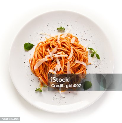 istock Pasta with meat and vegetables on white background 908165344