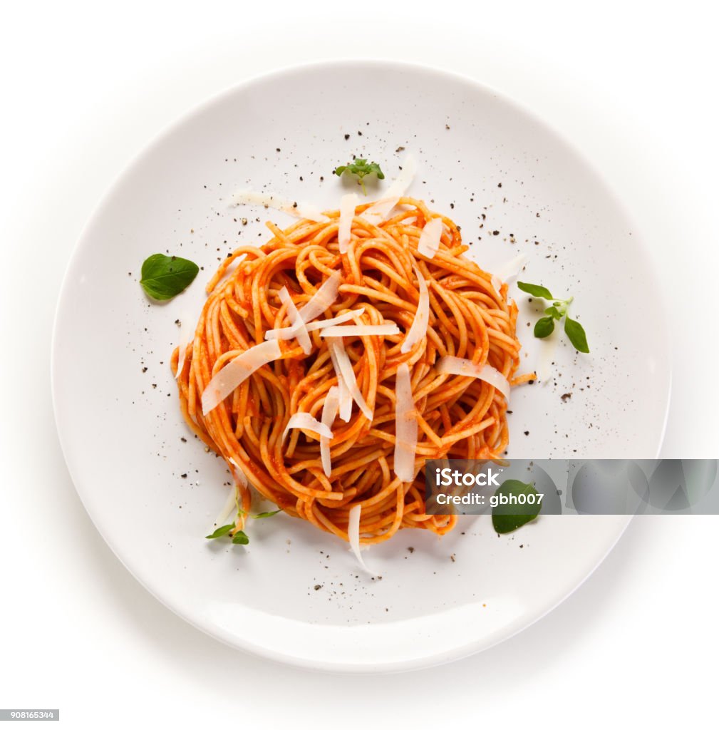 Pasta with meat and vegetables on white background Pasta with meat and vegetables Pasta Stock Photo