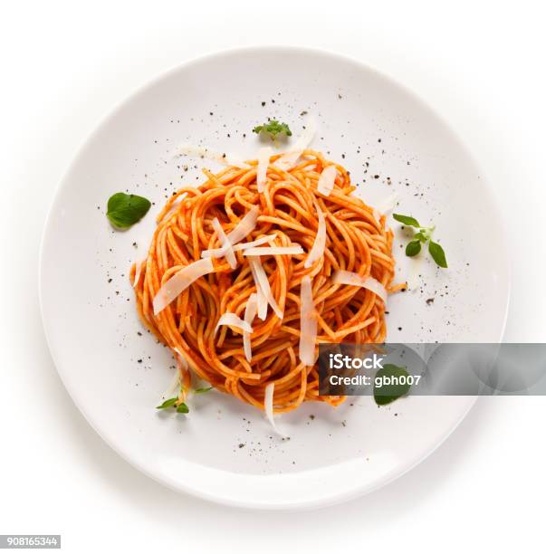 Pasta With Meat And Vegetables On White Background Stock Photo - Download Image Now - Pasta, Plate, Food