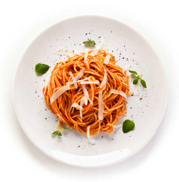 pasta with meat and vegetables on white background - noodles imagens e fotografias de stock