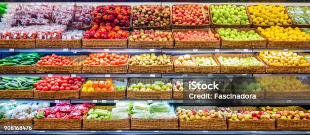 Fresh Fruits And Vegetables On Shelf In Market Stock Photo - Download Image Now - Supermarket, Fruit, Vegetable