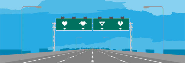 autobahn oder autobahn und grüne beschilderung mit herz symbol valentine konzeption in tagsüber abbildungen auf blauen himmelshintergrund mit textfreiraum - datenautobahn stock-grafiken, -clipart, -cartoons und -symbole