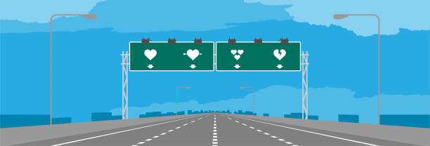 ilustraciones, imágenes clip art, dibujos animados e iconos de stock de señalización de carretera o autopista y verde con diseño de concepto de san valentín corazón símbolo diurno ilustraciones sobre fondo de cielo azul, con espacio de copia - autopista de la información