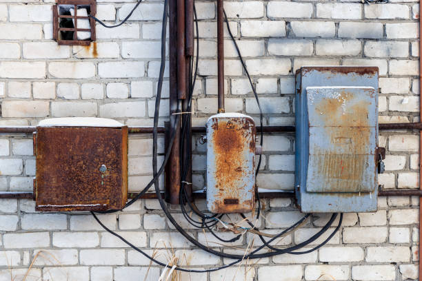Old electric switchboard against the background of a white brick wall