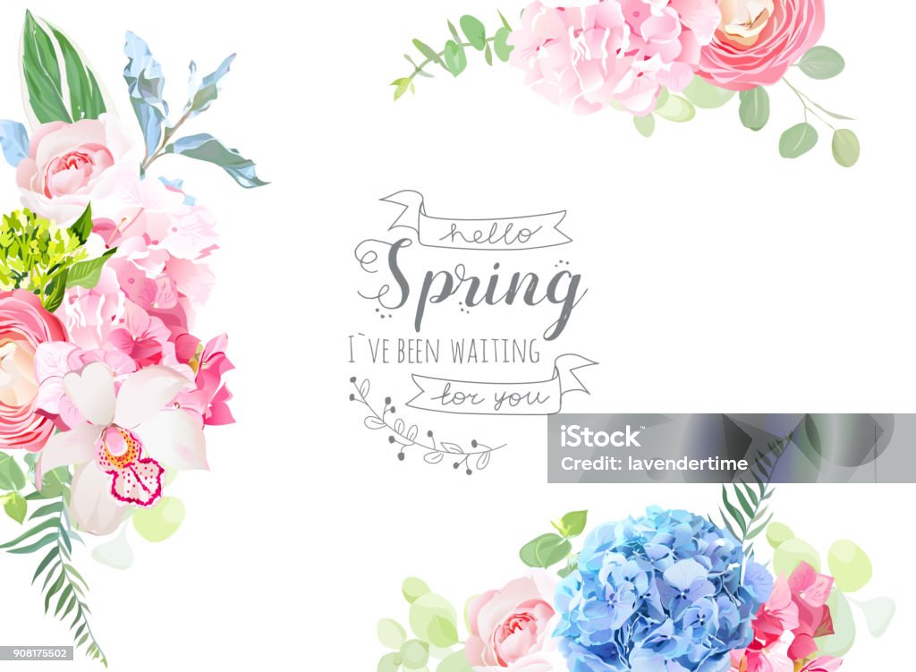 Floral borders arranged from pink rose, white orchid, ranunculus Floral borders arranged from pink rose, white orchid, ranunculus, blue and green hydrangea, greenery vector design frame. Spring beauty banner card. All flowers are not cut. Isolated and editable Flower stock vector