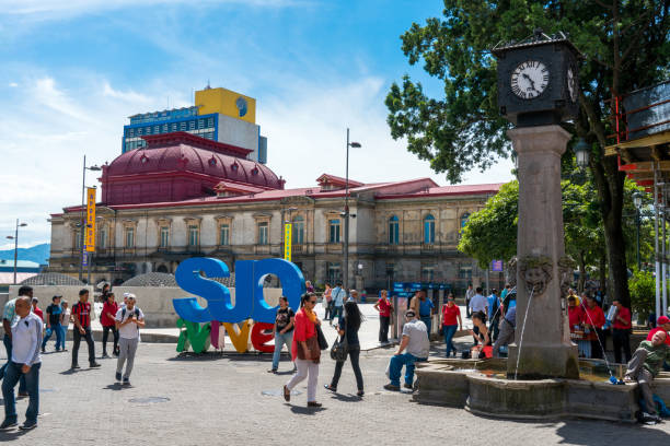 Afternoon scene of the square in front of the famous National Theater of Costa Rica in San Jose. SAN JOSE, COSTA RICA - November 12: Afternoon scene of the square in front of the famous National Theater of Costa Rica in San Jose Nov 12, 2017. teatro stock pictures, royalty-free photos & images
