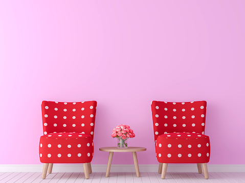 valentine theme living room 3d rendering image.There are minimalist style image ,pink empty wall and red furniture