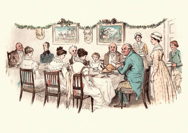 크리스마스 저녁 식사는 빅토리아를 즐기는 가족 - turkey woodcut engraving antique stock illustrations