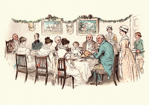 Vintage engraving of from the story of the Curmudgeon's Christmas, by Randolph Caldecott. Large family enjoying a victorian christmas dinner