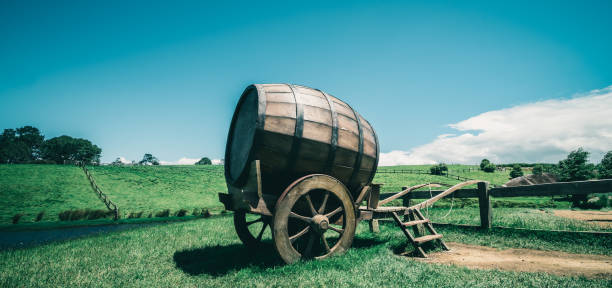 Vintage-style image of wine barrel on cart against green grass field in countryside agriculture landscape background. Organic food, winery and alcohol drinks product industry.