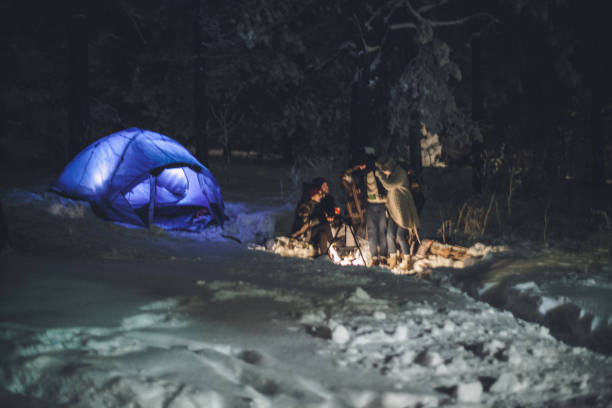 istock Four friends on winter camping 908224518