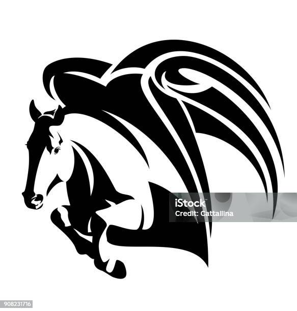 Jumping Pegasus Horse Black Vector Design Stock Illustration - Download Image Now - Animal, Animal Body Part, Animal Wing