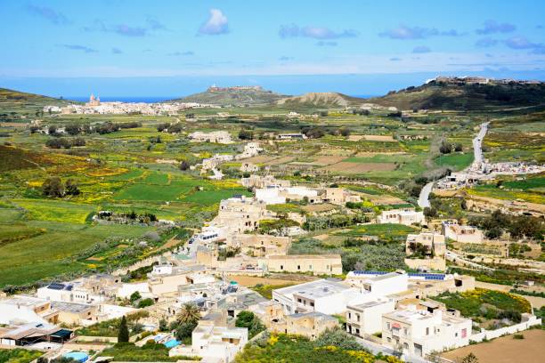 Elevated view towards Ghasri and Marsalforn and surrounding countryside seen from the citadel, Victoria (Rabat), Gozo, Malta, Europe.