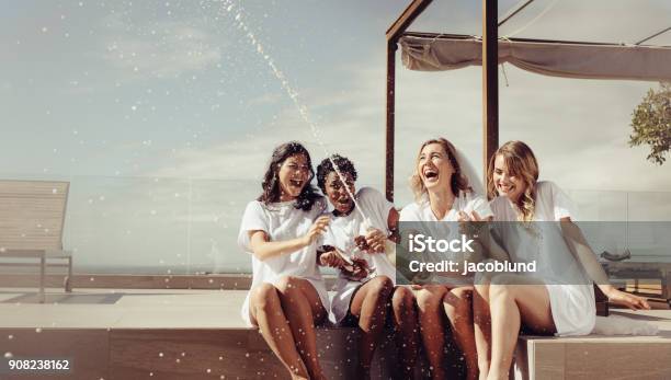 Cheerful Bride And Bridesmaids Celebrating Hen Party Stock Photo - Download Image Now