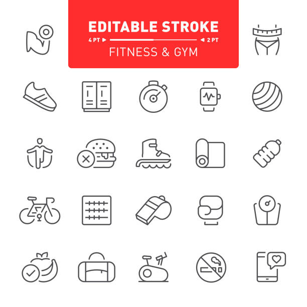 Fitness and Gym Icons Fitness, icons, sport, editable stroke, exercising, healthy lifestyle, outline, running, training, dieting athletic trainer stock illustrations