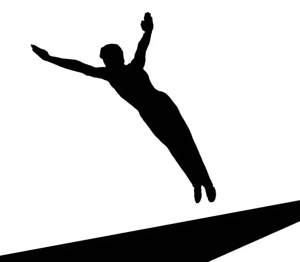 Floor gymnasts in flight as silhouette in black / white
