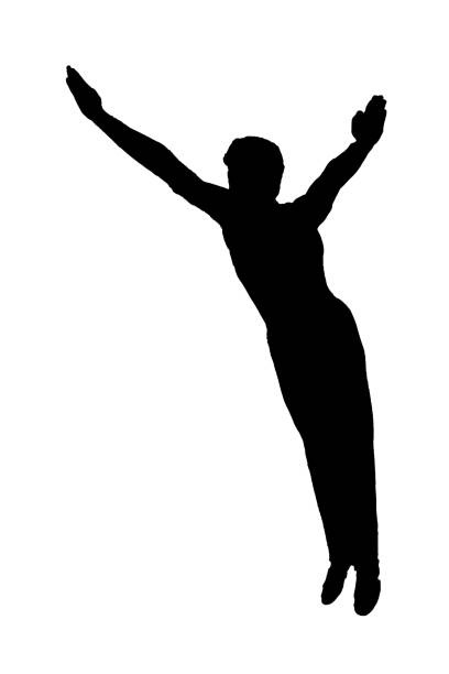 Floor gymnasts in flight as silhouette in black / white