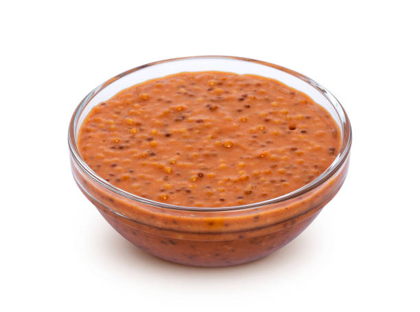 istock Sweet Bavarian mustard isolated on white background 908245252