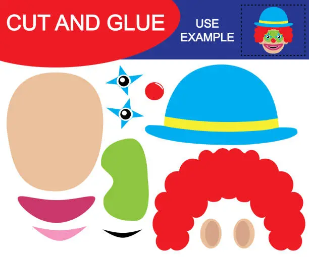 Vector illustration of Image of head of clown. Cut and glue. Educational game for children.