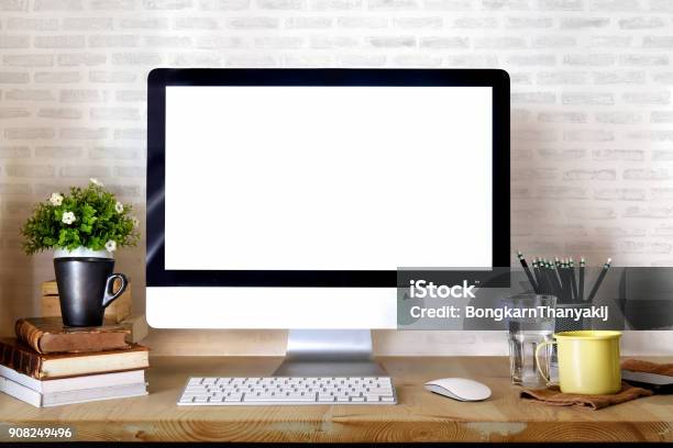 Mockup Workspace Desktop And Blank Screen Monitor Desktop Computer And Office Supplies Stock Photo - Download Image Now