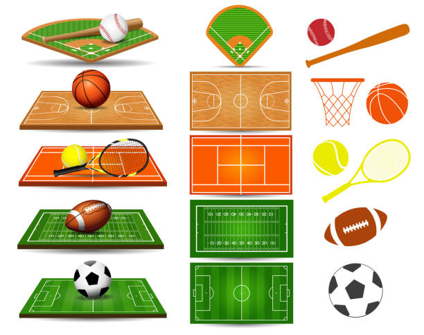 ilustraciones, imágenes clip art, dibujos animados e iconos de stock de campos de deporte, pelotas y otros elementos de diseño - tennis indoors court ball