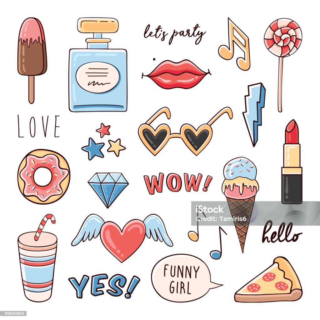 Fashion comic set of trendy patches, badges  and stickers Vector sketch comic fashion set of stickers with ice cream, diamond, donut, lips, sunglasses and hashtags. Hipster patch badges collection Heart Shape stock vector