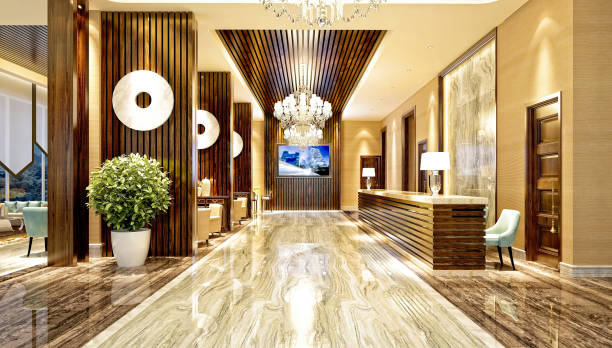 render 3d de entrada del hotel y recepción - hotel reception lobby hotel luxury fotografías e imágenes de stock