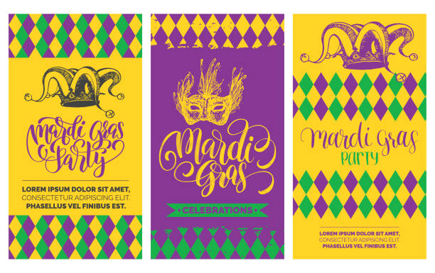 Mardi Gras flyers set. Vector hand lettering. Festive carnival background with jester hat, mask illustrations. Mardi Gras flyers set. Vector hand lettering for Fat or Shrove Tuesday posters, invitations, greeting cards. Festive carnival background with jester hat, mask illustrations. mardi gras stock illustrations