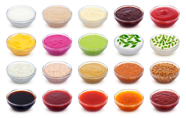 set of different sauces isolated on white background - cocktail sauce imagens e fotografias de stock