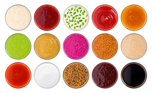 Set of different sauces isolated on white background, top view