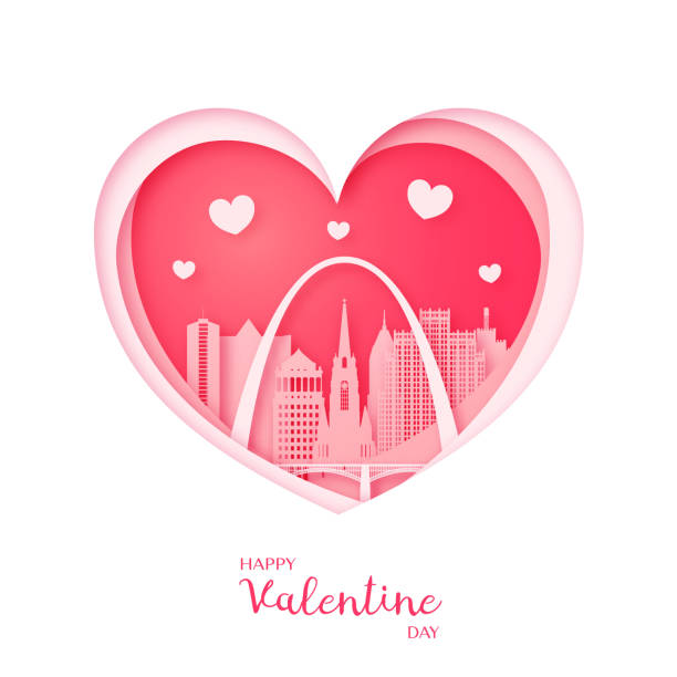 Valentines card. Paper cut heart and the city St. Louis. Happy Valentine day. Vector illustration. Valentines card. Paper cut heart and the city St. Louis. Happy Valentine day. Vector illustration. st louis skyline stock illustrations