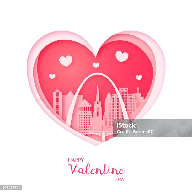 Valentines Card Paper Cut Heart And The City St Louis Happy Valentine Day Vector Illustration Stock Illustration - Download Image Now