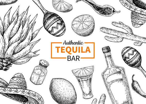 tequila bar vektor-label. mexikanische alkohol trinken zeichnen. flasche, schnapsglas, - tequila shot tequila salt lemon stock-grafiken, -clipart, -cartoons und -symbole