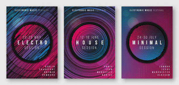 Abstract geometric electronic music posters Abstract geometric electronic music poster designs, brochure cover templates, flyers. Vector illustration. colorful page borders stock illustrations