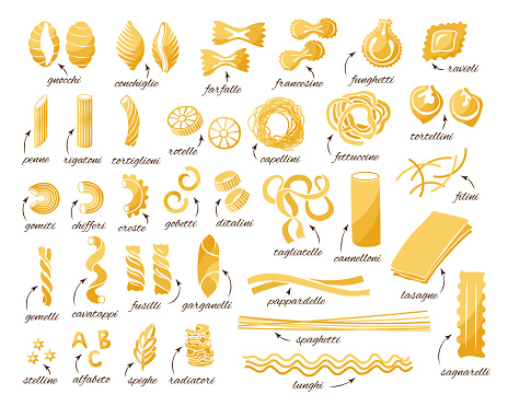 Pasta collection. Set of different types. Vector isolated decorative elements for menu or package design.
