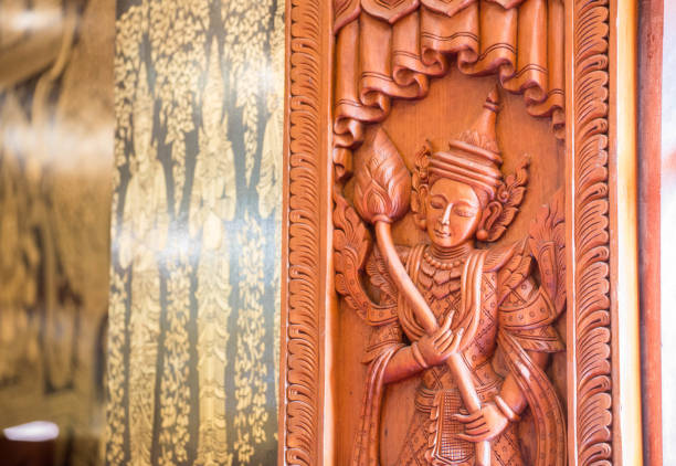 Wooden window with Thai carving in Buddhist temple